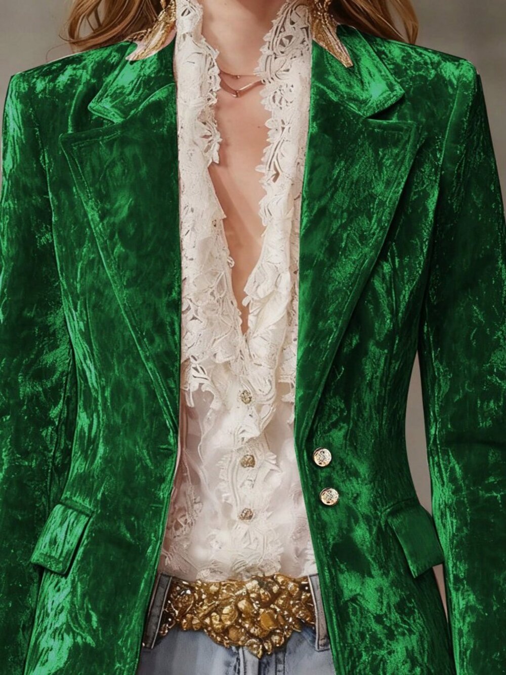 Green Elegant Women's Single-Breasted velvet Blazer Jacket - Picture 3 of 3